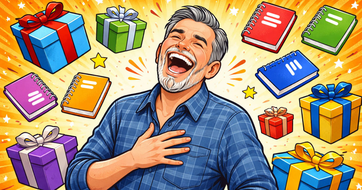 An illustration of a man laughing at gifts for him and WTF Notebooks