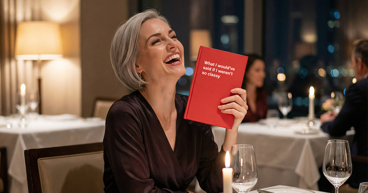 A 40-year-old woman laughing at her funny WTF Notebook birthday gift
