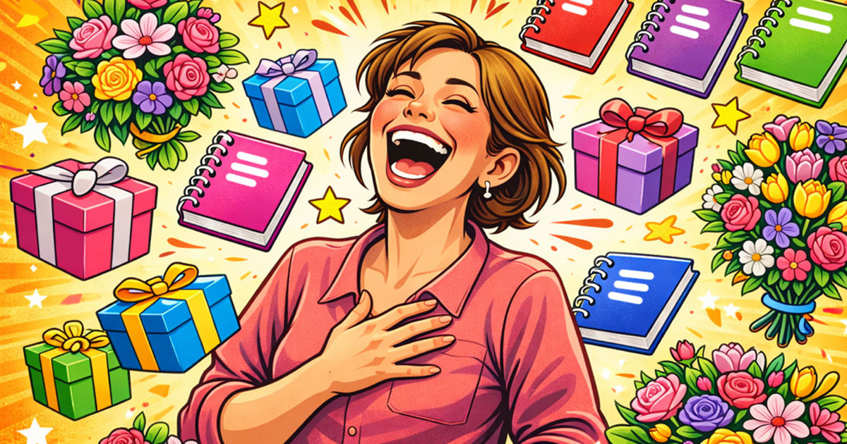 An illustration of a woman laughing at gifts for her and WTF Notebooks