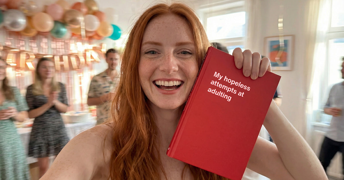 A young, 30-year-old woman showing off her funny WTF Notebook birthday gift.