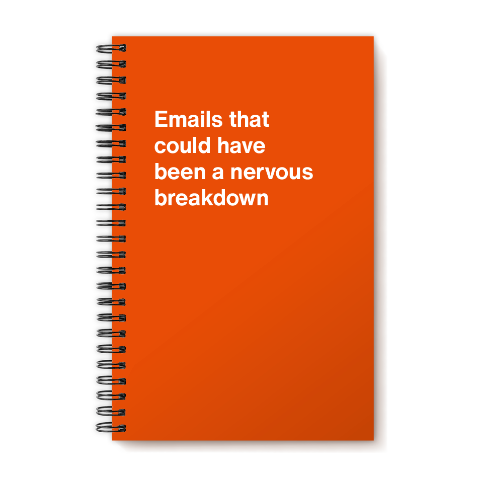 A funny notebook from WTF Notebooks® entitled "Emails that could have been a nervous breakdown"