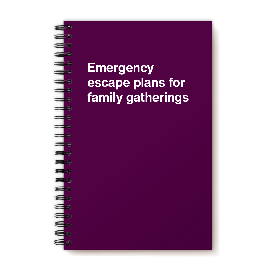 A funny notebook from WTF Notebooks® entitled "Emergency escape plans for family gatherings"