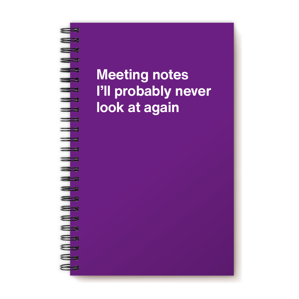 A funny notebook from WTF Notebooks® entitled "Meeting notes I'll probably never look at again"