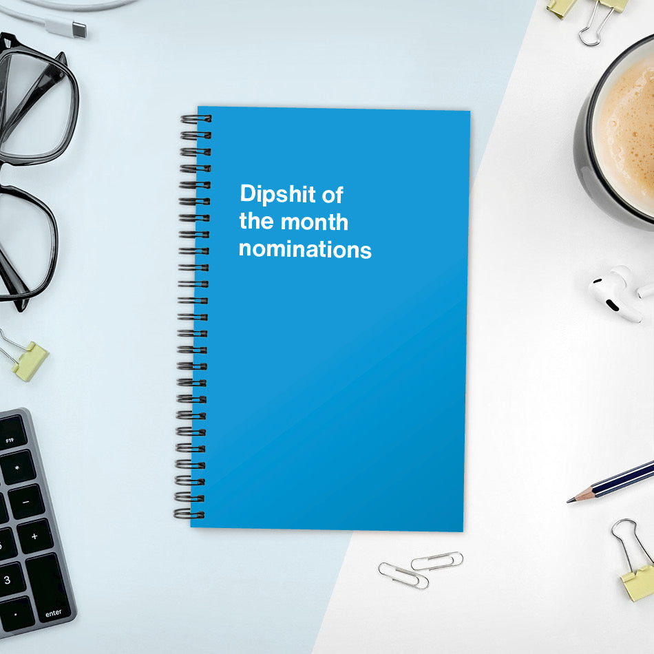 A funny notebook from WTF Notebooks® entitled "Dipshit of the month nominations"