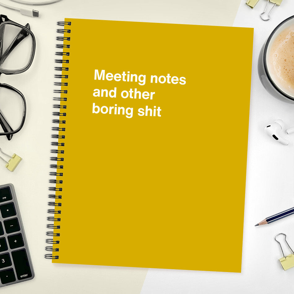 A funny notebook from WTF Notebooks® entitled "Meeting notes and other boring shit"