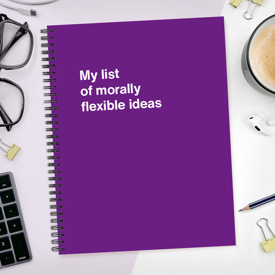 A funny notebook from WTF Notebooks® entitled "My list of morally flexible ideas"