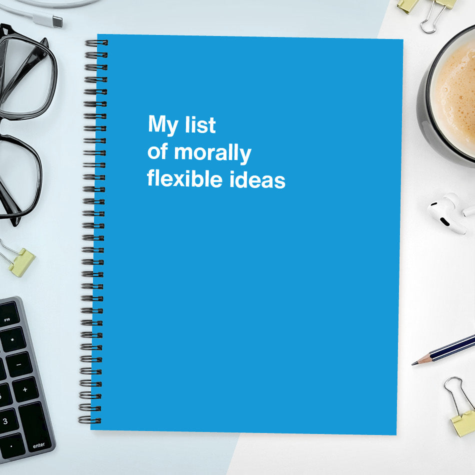 A funny notebook from WTF Notebooks® entitled "My list of morally flexible ideas"