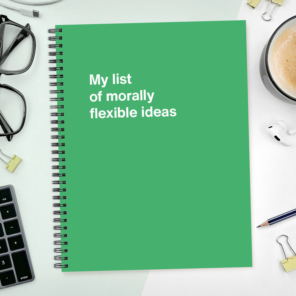 A funny notebook from WTF Notebooks® entitled "My list of morally flexible ideas"