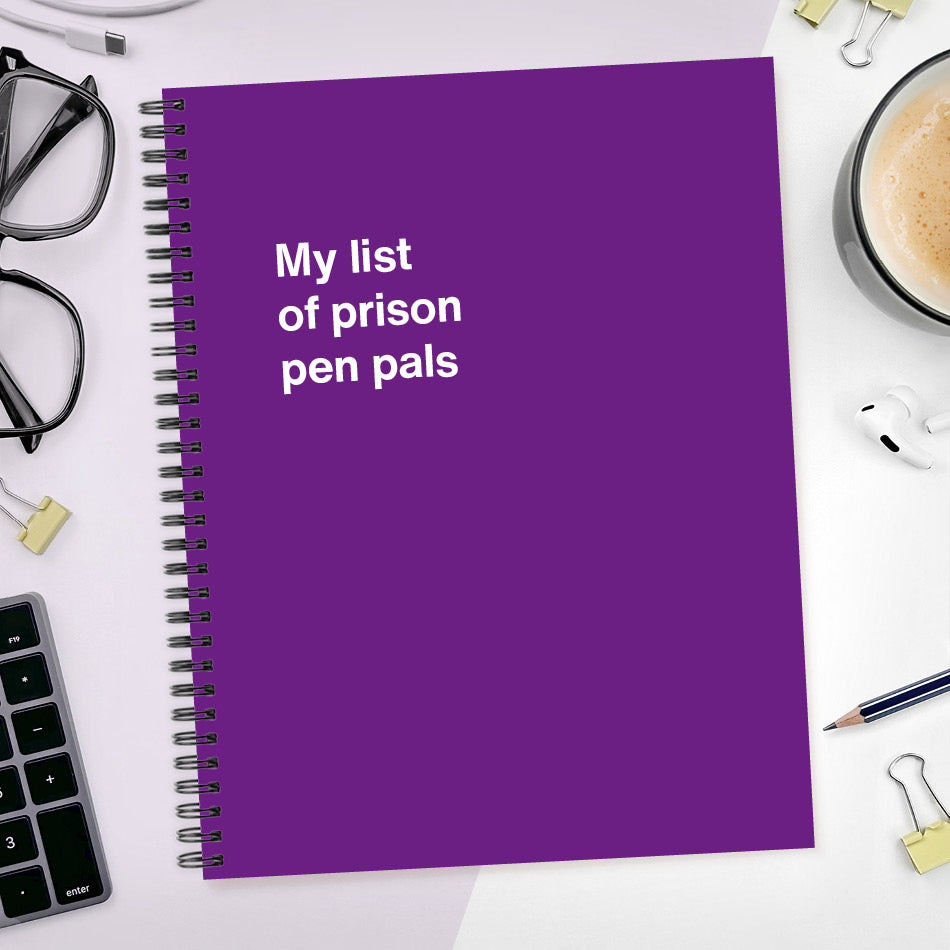 A funny notebook from WTF Notebooks® entitled "My list of prison pen pals"