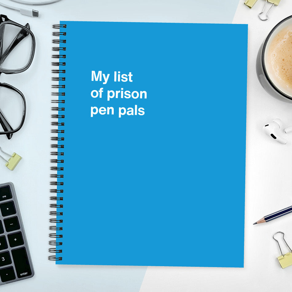 A funny notebook from WTF Notebooks® entitled "My list of prison pen pals"