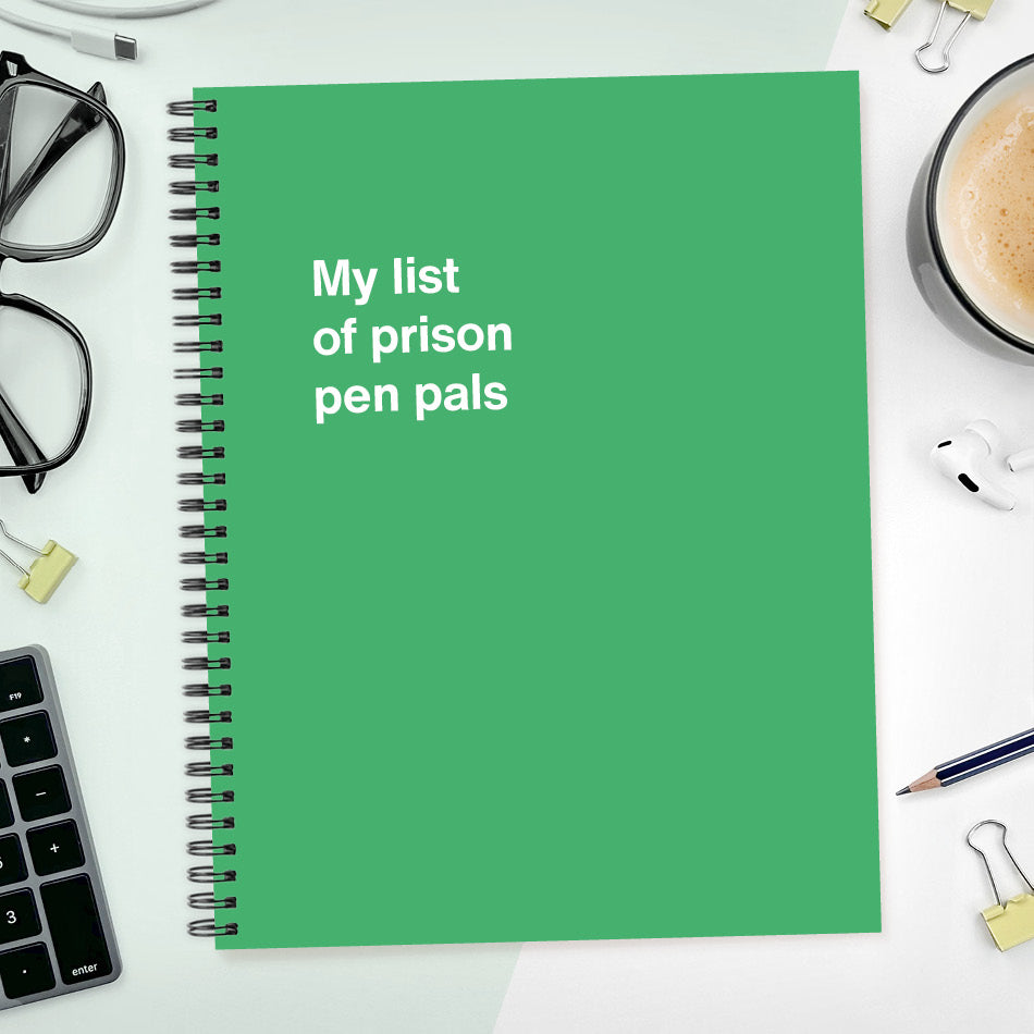 A funny notebook from WTF Notebooks® entitled "My list of prison pen pals"