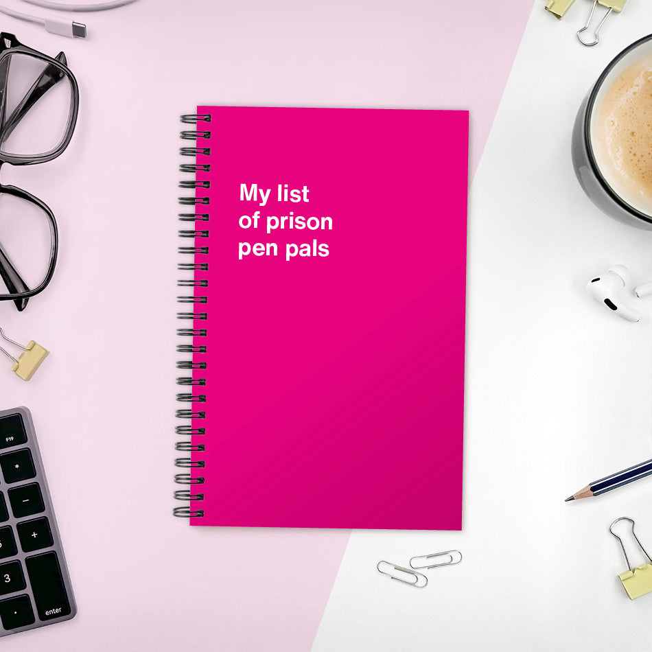 A funny notebook from WTF Notebooks® entitled "My list of prison pen pals"
