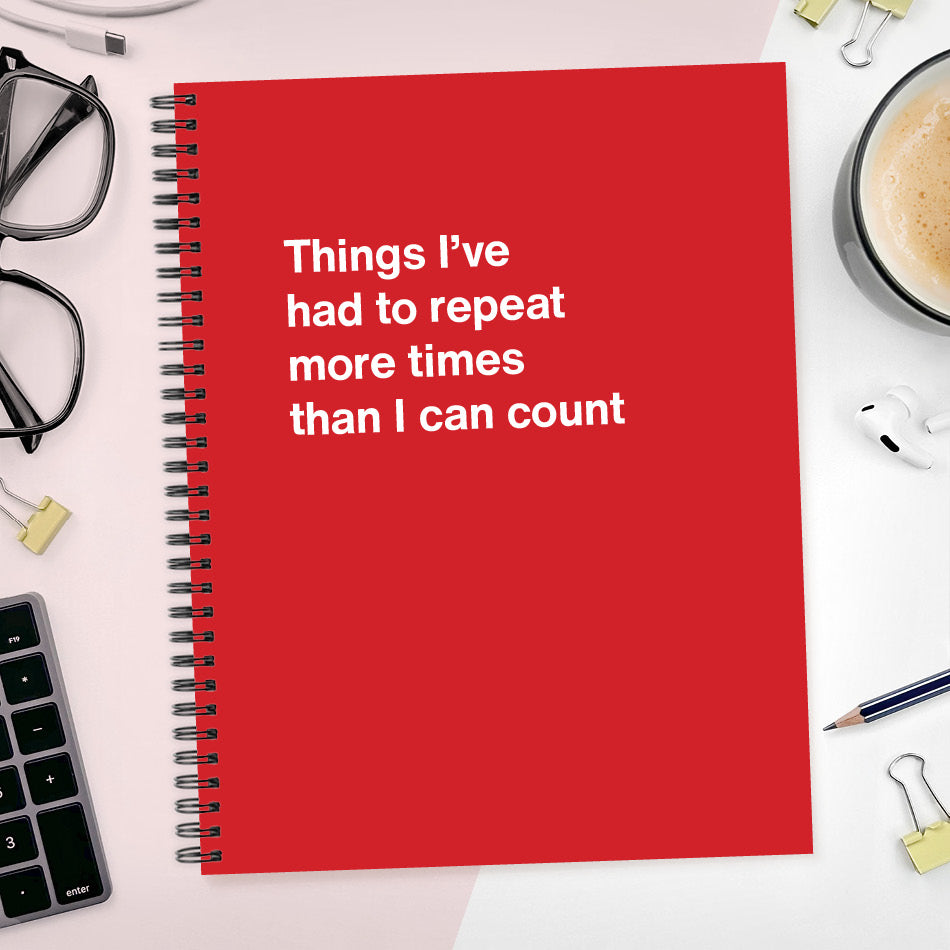 A funny notebook from WTF Notebooks® entitled "Things I’ve had to repeat more times than I can count"