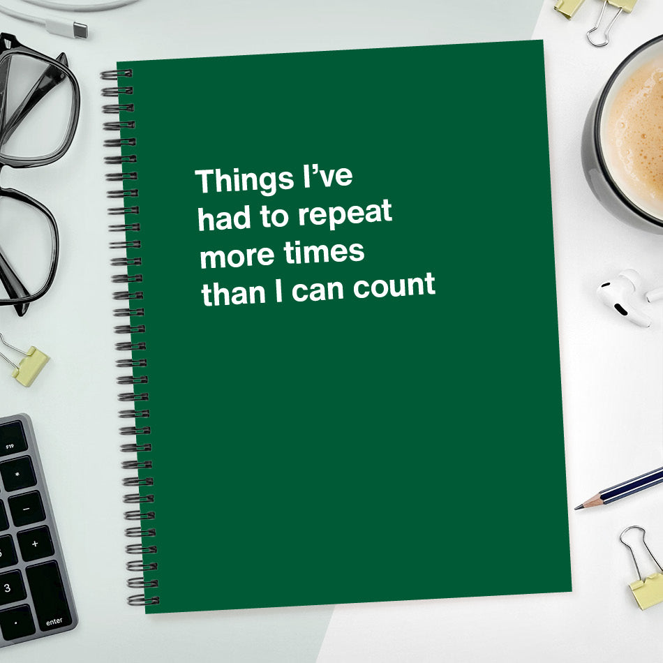 A funny notebook from WTF Notebooks® entitled "Things I’ve had to repeat more times than I can count"