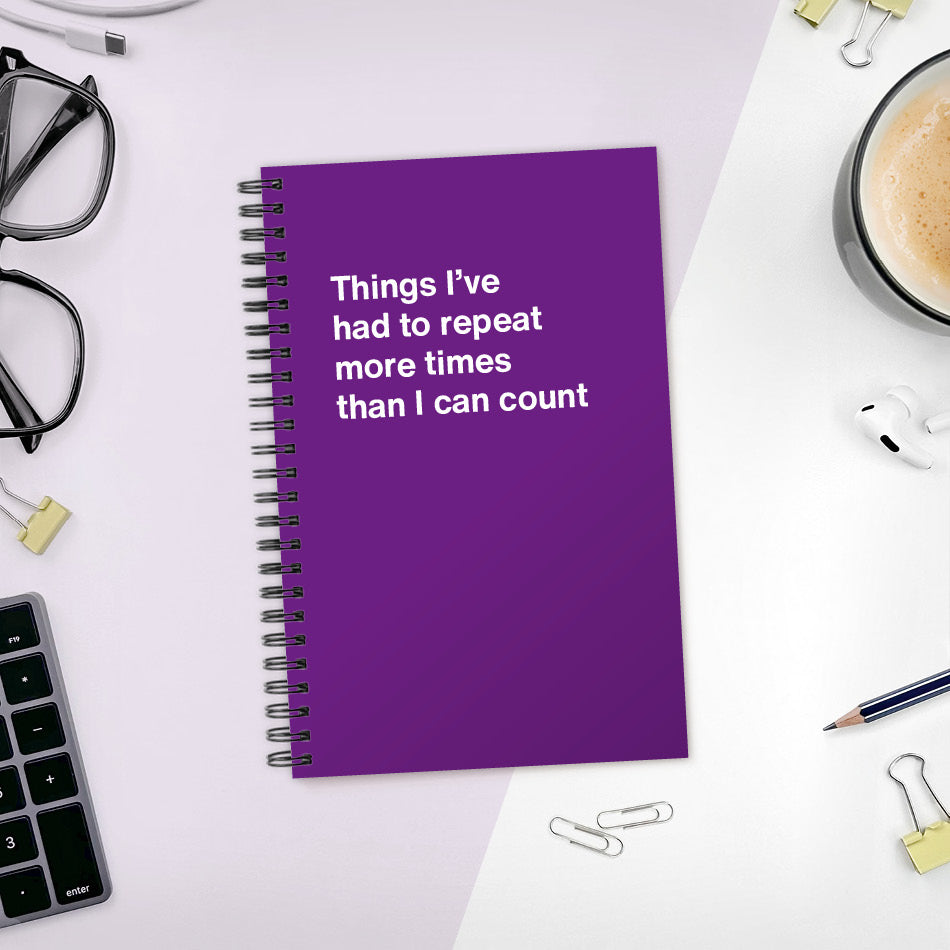 A funny notebook from WTF Notebooks® entitled "Things I’ve had to repeat more times than I can count"