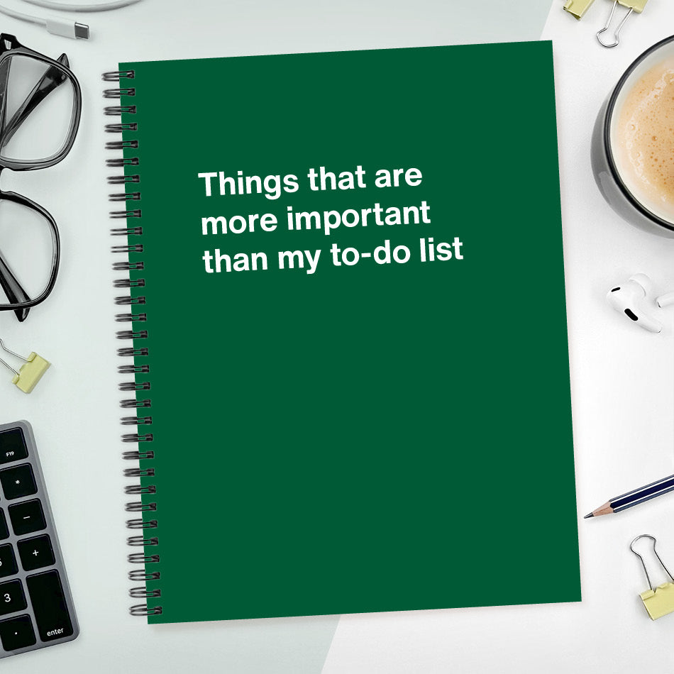 A funny notebook from WTF Notebooks® entitled "Things that are more important than my to-do list"