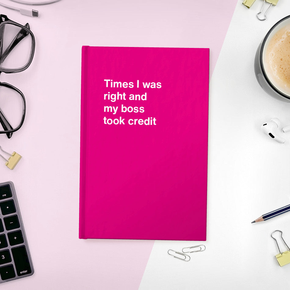 A funny notebook from WTF Notebooks® entitled "Times I was right and my boss took credit"