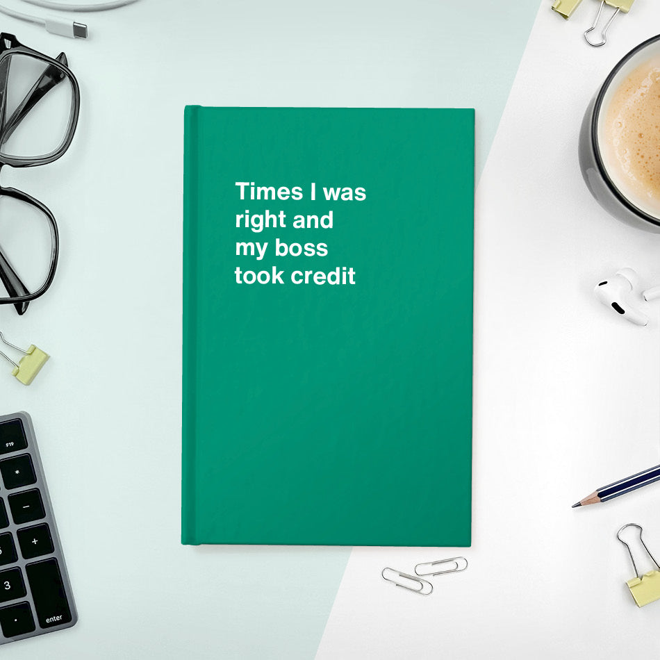 A funny notebook from WTF Notebooks® entitled "Times I was right and my boss took credit"