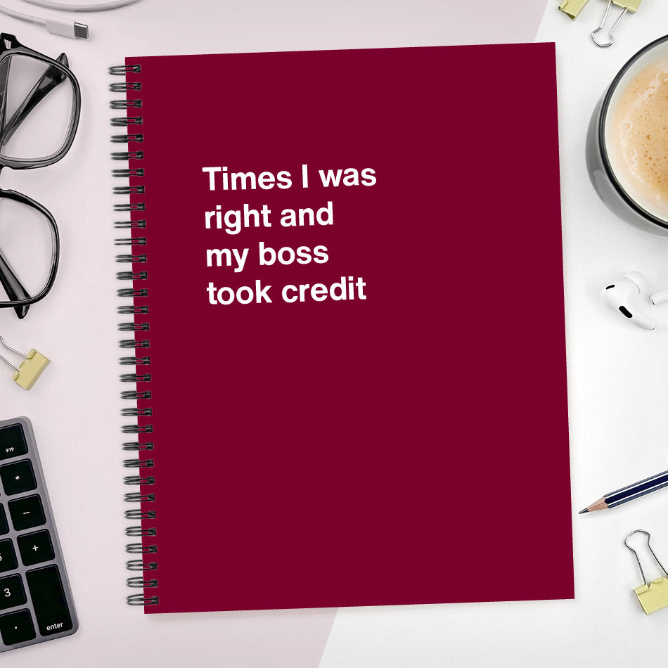 A funny notebook from WTF Notebooks® entitled "Times I was right and my boss took credit"