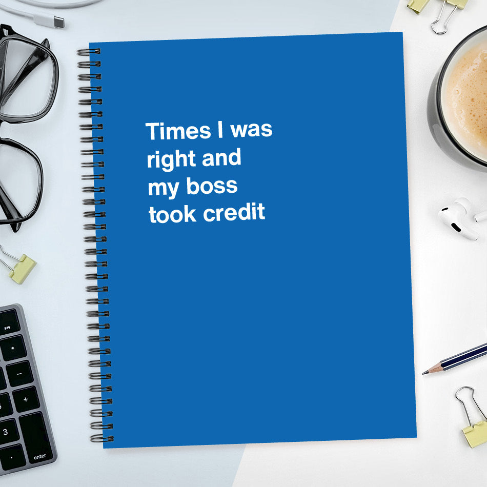 A funny notebook from WTF Notebooks® entitled "Times I was right and my boss took credit"
