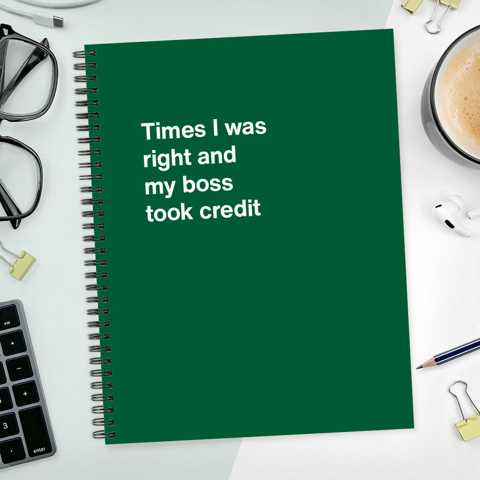 A funny notebook from WTF Notebooks® entitled "Times I was right and my boss took credit"