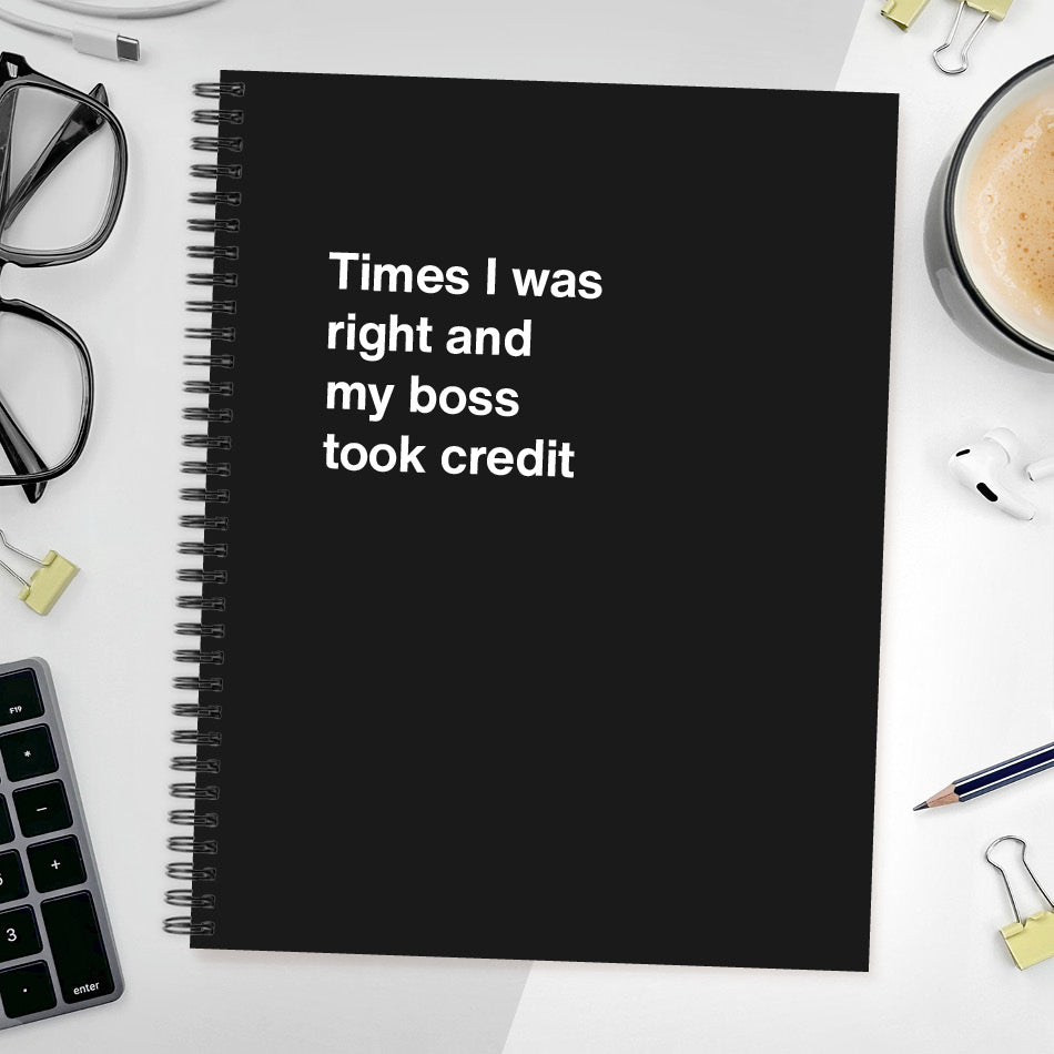 A funny notebook from WTF Notebooks® entitled "Times I was right and my boss took credit"