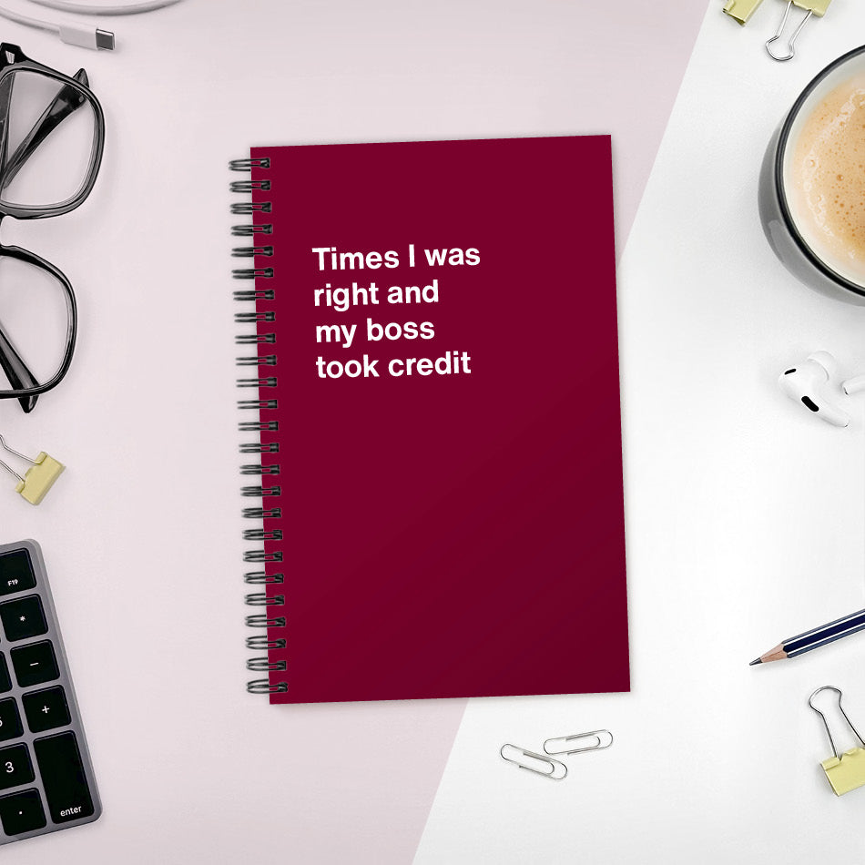 A funny notebook from WTF Notebooks® entitled "Times I was right and my boss took credit"