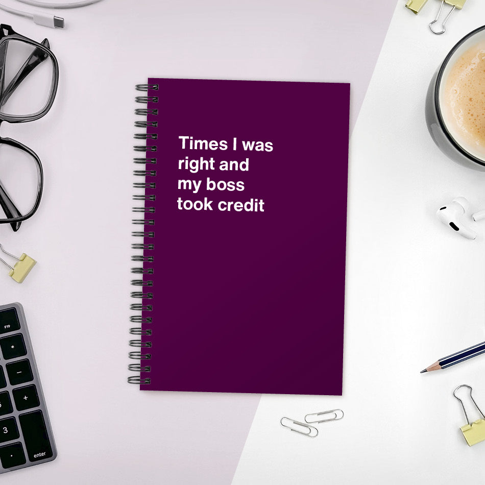 A funny notebook from WTF Notebooks® entitled "Times I was right and my boss took credit"