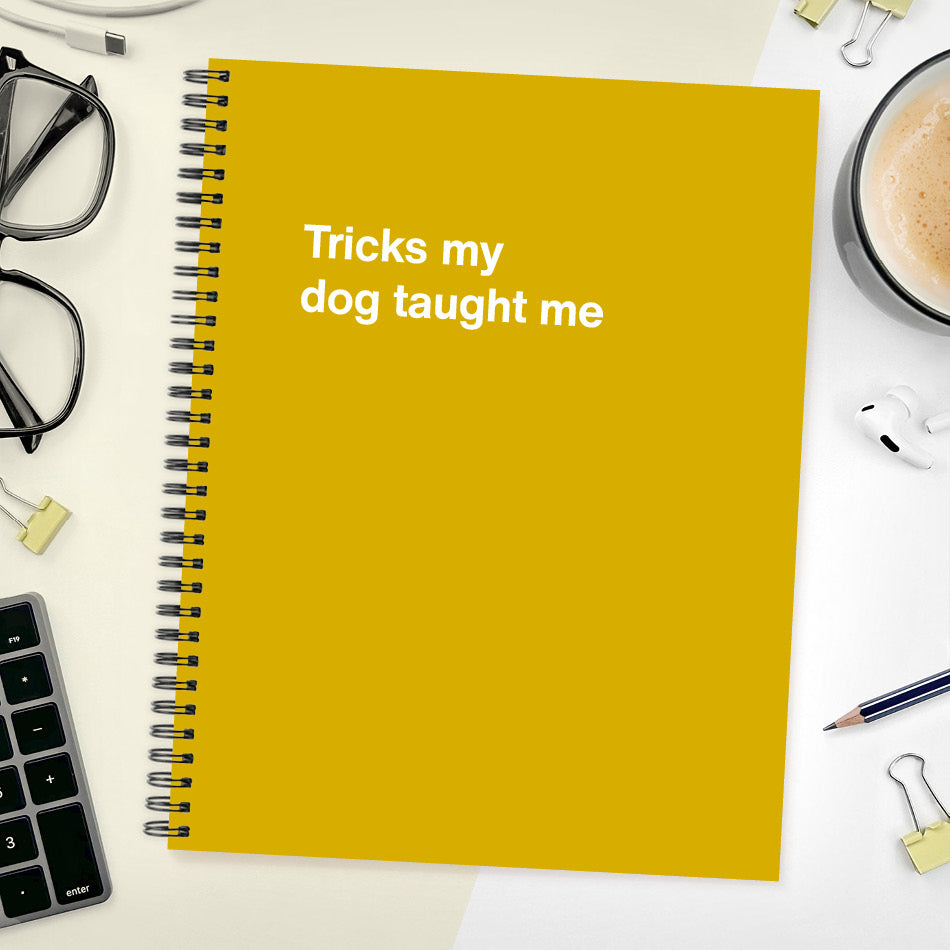 A funny notebook from WTF Notebooks® entitled "Tricks my dog taught me"
