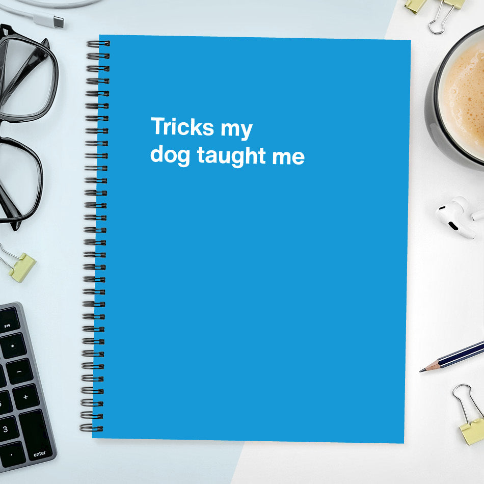 A funny notebook from WTF Notebooks® entitled "Tricks my dog taught me"