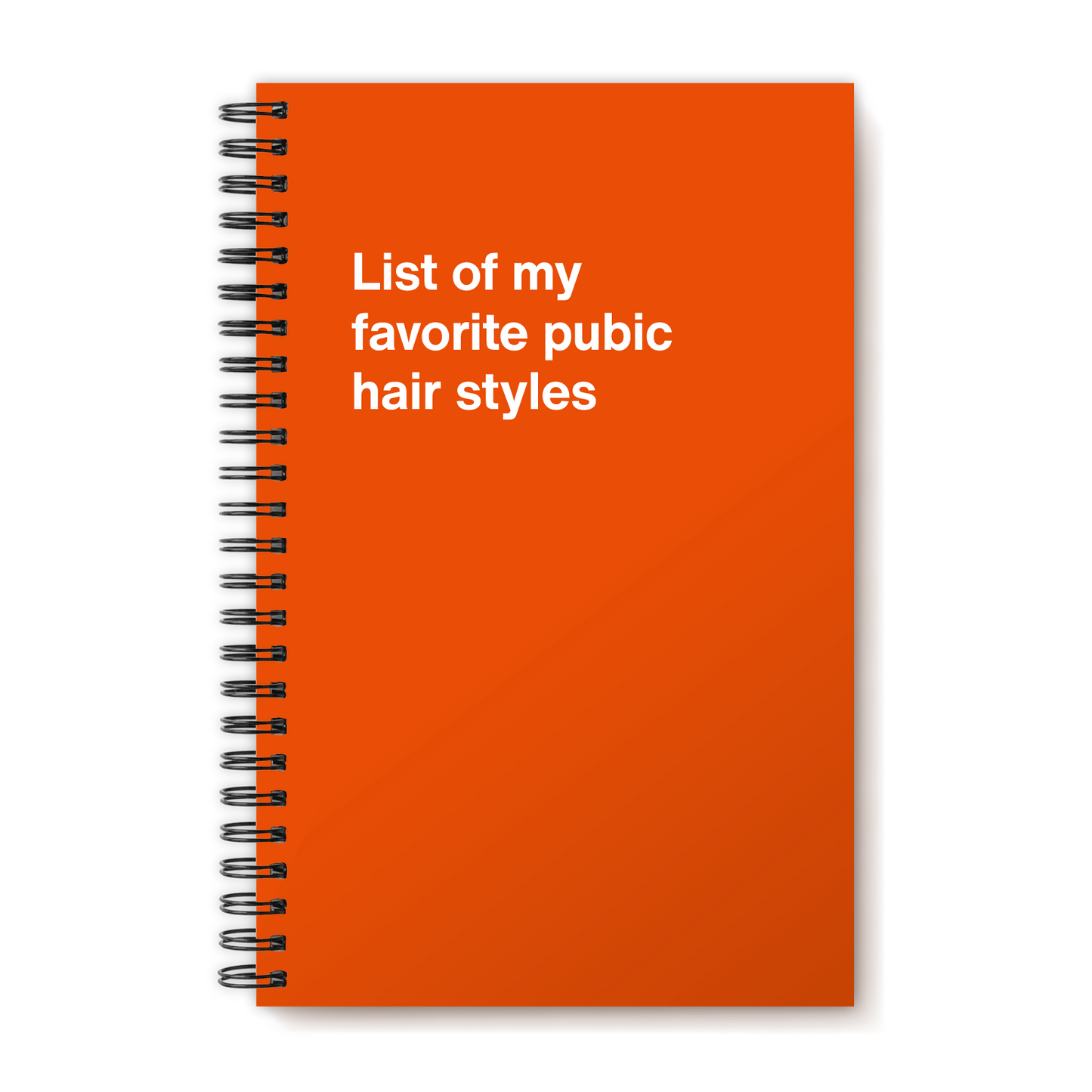 A funny notebook from WTF Notebooks® entitled "List of my favorite pubic hair styles"