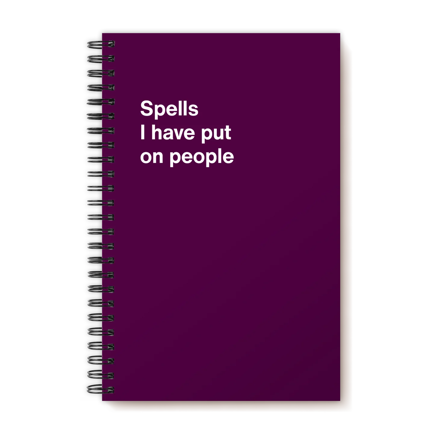 A funny notebook from WTF Notebooks® entitled "Spells I have put on people"