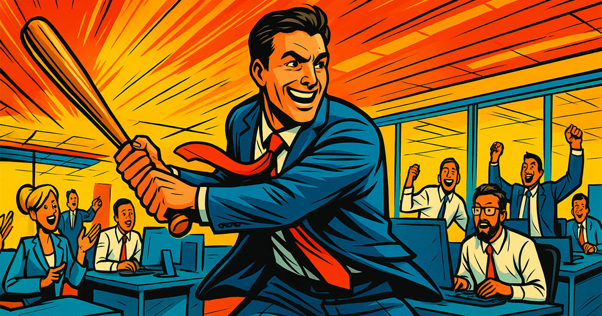 An illustration of a businessman playing baseball in an office setting.