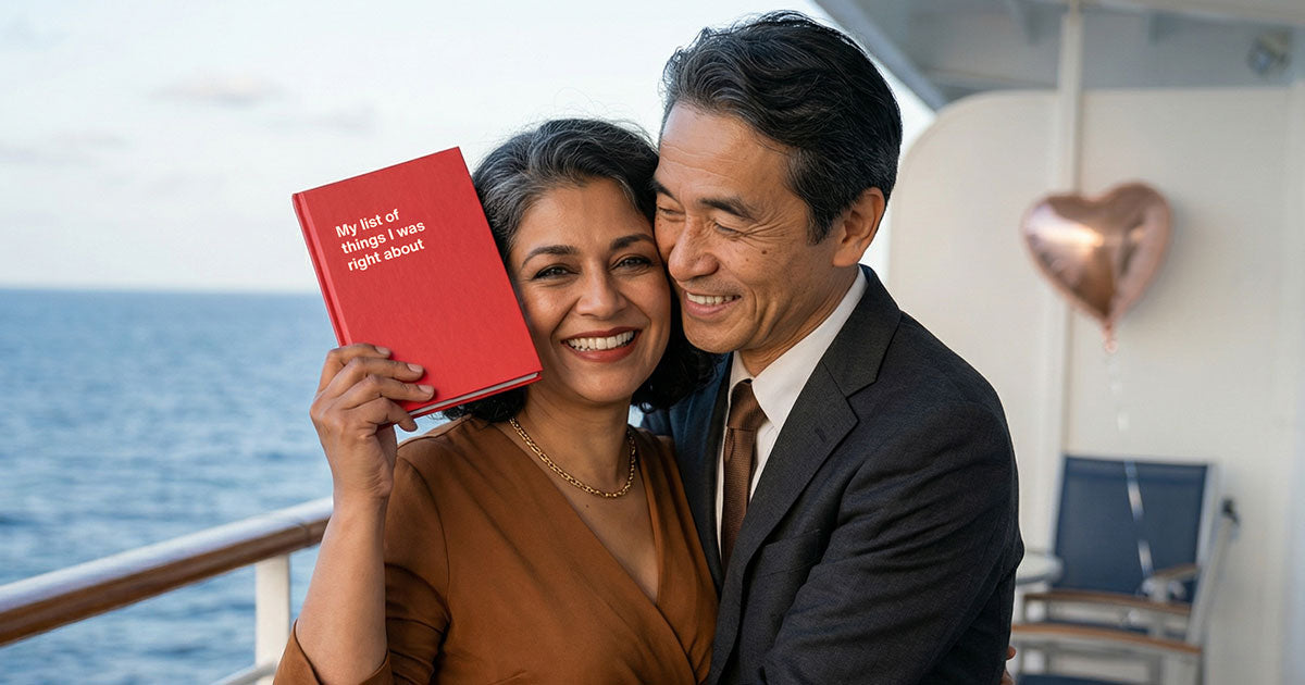 Elderly couple hugging while woman is showing off her funny notebook birthday gift