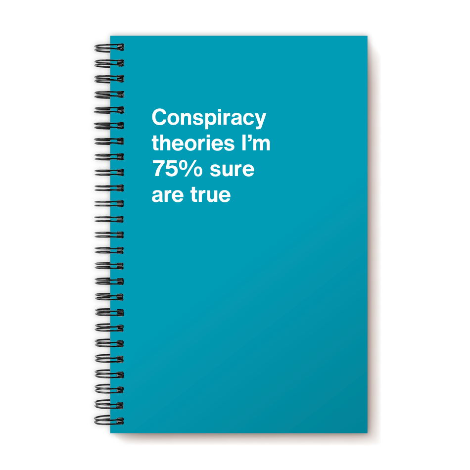 A funny notebook from WTF Notebooks® entitled "Conspiracy theories I'm 75% sure are true"