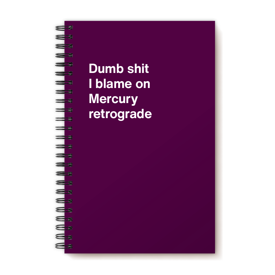 A funny notebook from WTF Notebooks® entitled "Dumb shit I blame on Mercury retrograde"