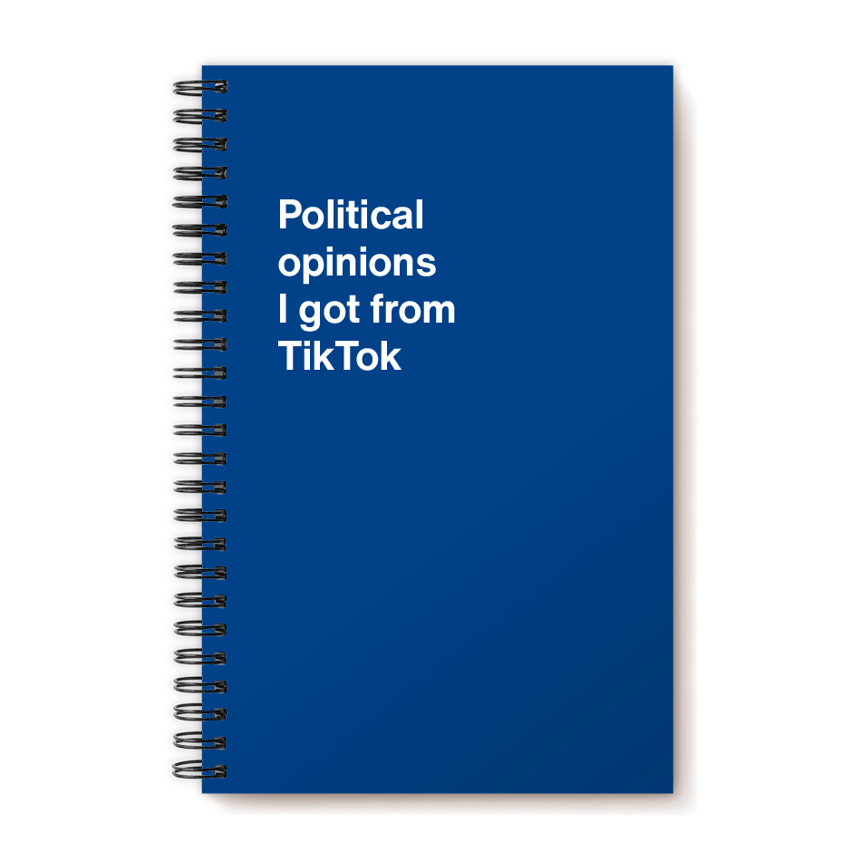 A funny notebook from WTF Notebooks® entitled "Political opinions I got from TikTok"