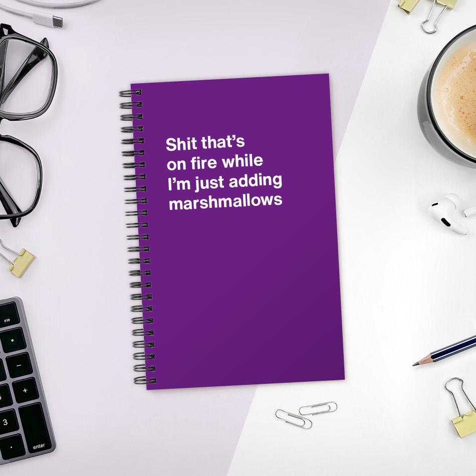 
                  
                    A funny notebook from WTF Notebooks® entitled "Shit that's on fire while I'm just adding marshmallows"
                  
                