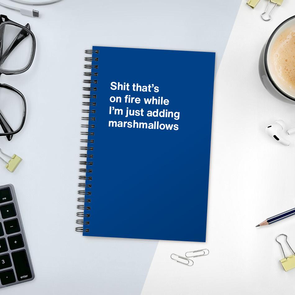 
                  
                    A funny notebook from WTF Notebooks® entitled "Shit that's on fire while I'm just adding marshmallows"
                  
                
