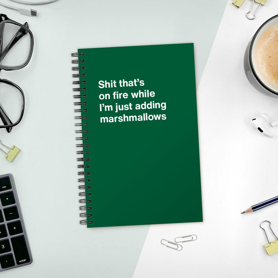 
                  
                    A funny notebook from WTF Notebooks® entitled "Shit that's on fire while I'm just adding marshmallows"
                  
                