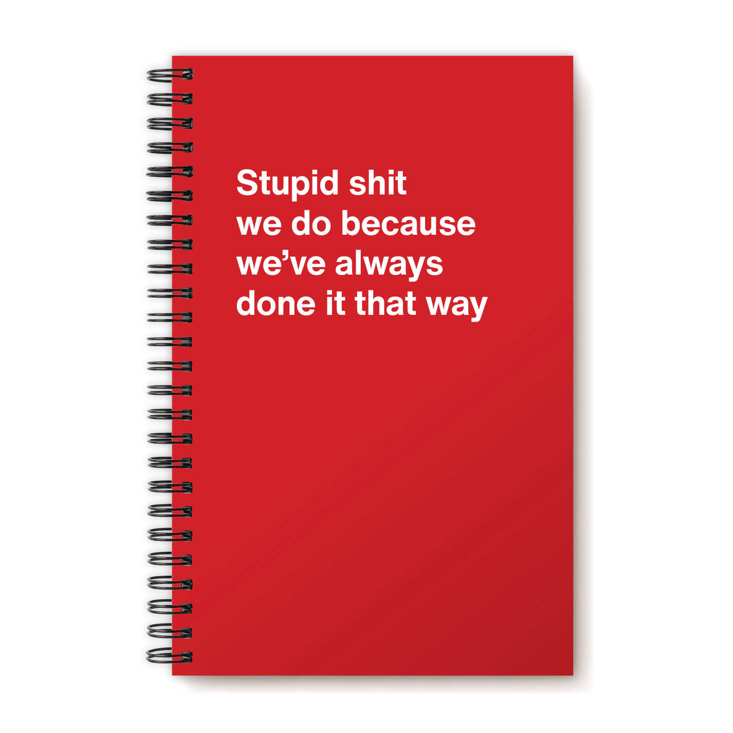 A funny notebook from WTF Notebooks® entitled "Stupid shit we do because we’ve always done it that way"
