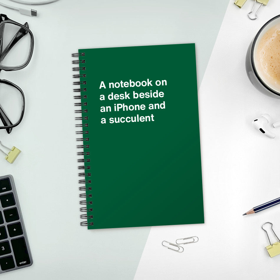
                  
                    A funny notebook from WTF Notebooks® entitled "A notebook on a desk beside an iPhone and a succulent"
                  
                
