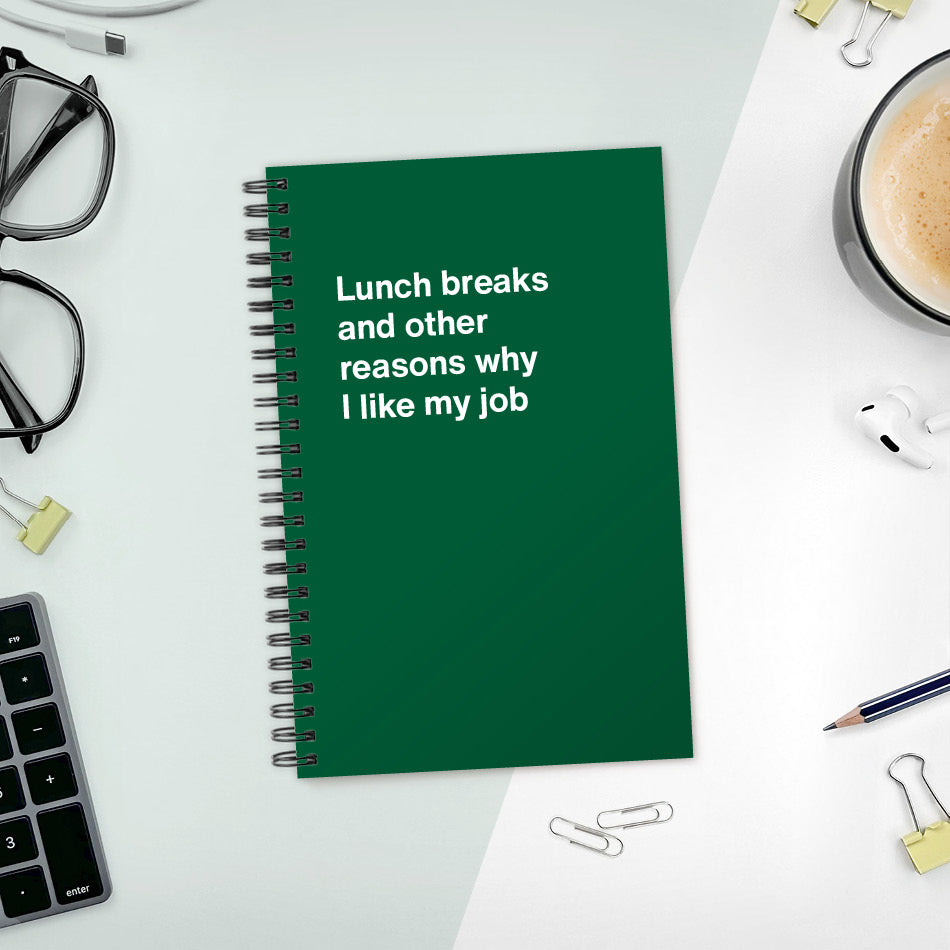 
                  
                    A funny notebook from WTF Notebooks® entitled "Lunch breaks and other reasons why I like my job"
                  
                