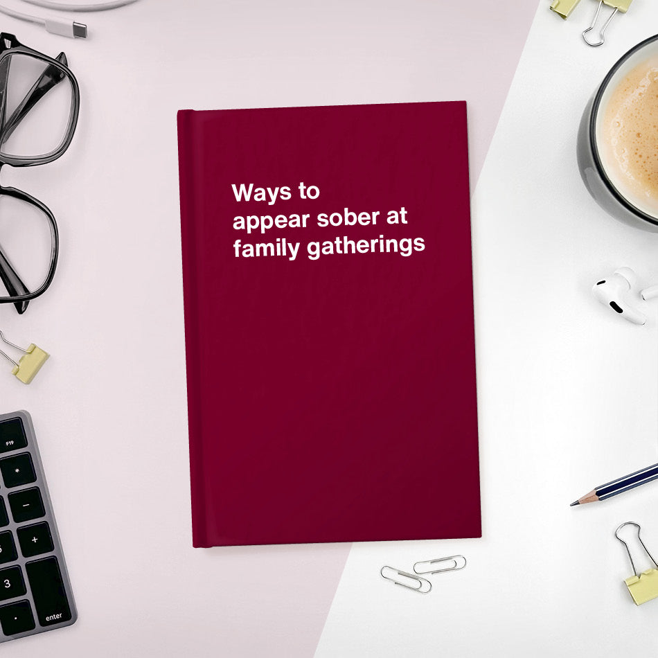 
                  
                    A funny notebook from WTF Notebooks® entitled "Ways to appear sober at family gatherings"
                  
                