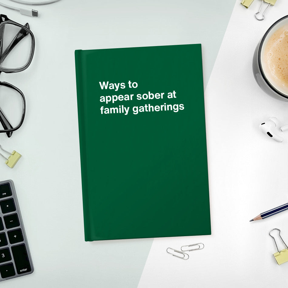 
                  
                    A funny notebook from WTF Notebooks® entitled "Ways to appear sober at family gatherings"
                  
                