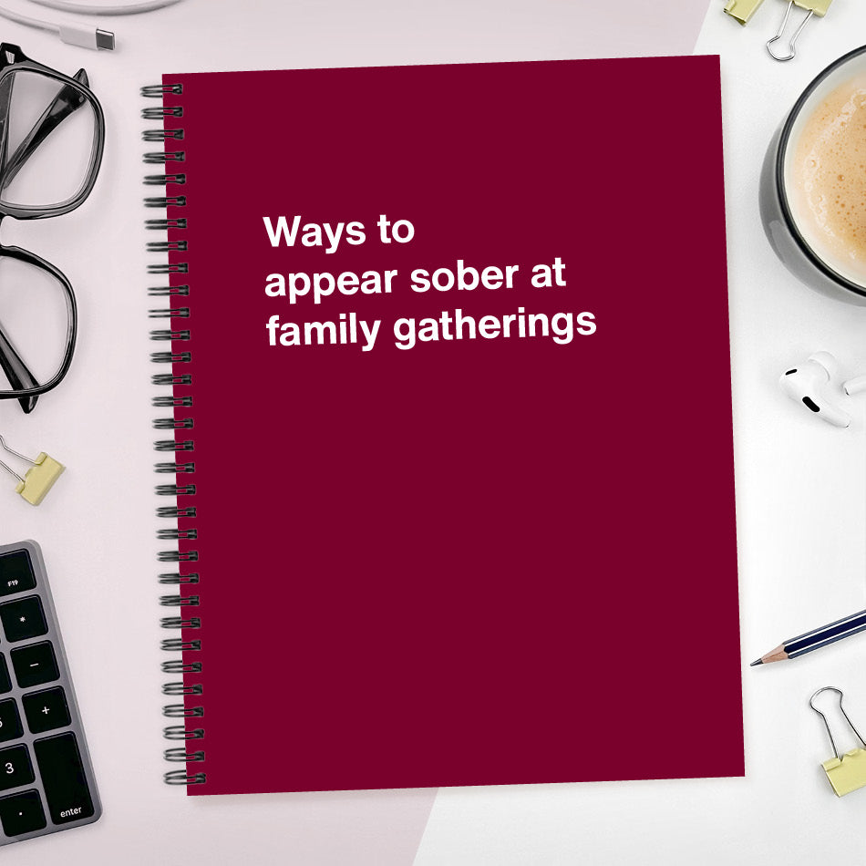 
                  
                    A funny notebook from WTF Notebooks® entitled "Ways to appear sober at family gatherings"
                  
                