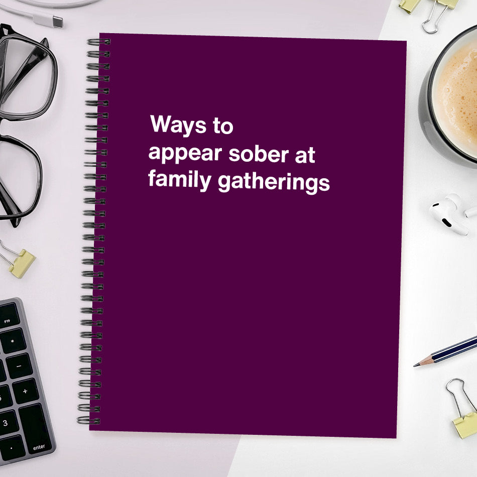 
                  
                    A funny notebook from WTF Notebooks® entitled "Ways to appear sober at family gatherings"
                  
                
