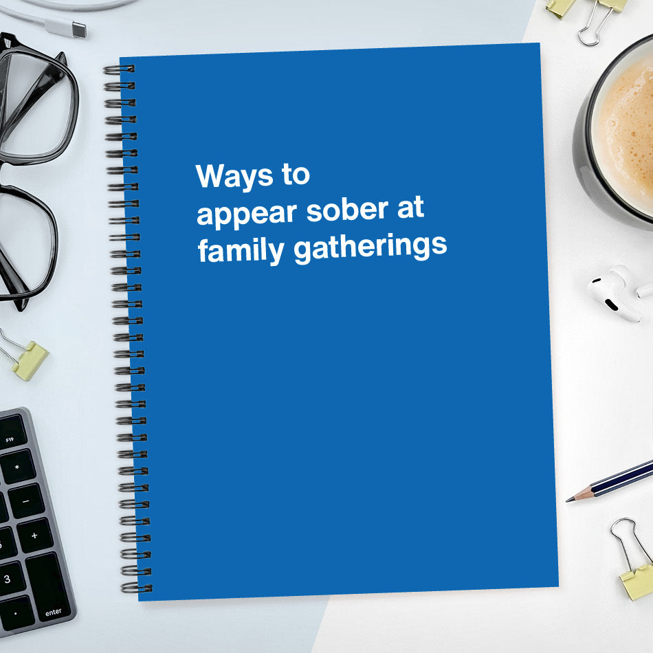 
                  
                    A funny notebook from WTF Notebooks® entitled "Ways to appear sober at family gatherings"
                  
                