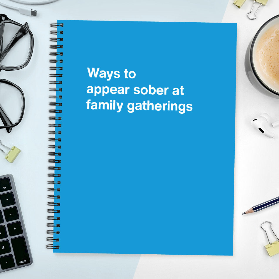 
                  
                    A funny notebook from WTF Notebooks® entitled "Ways to appear sober at family gatherings"
                  
                
