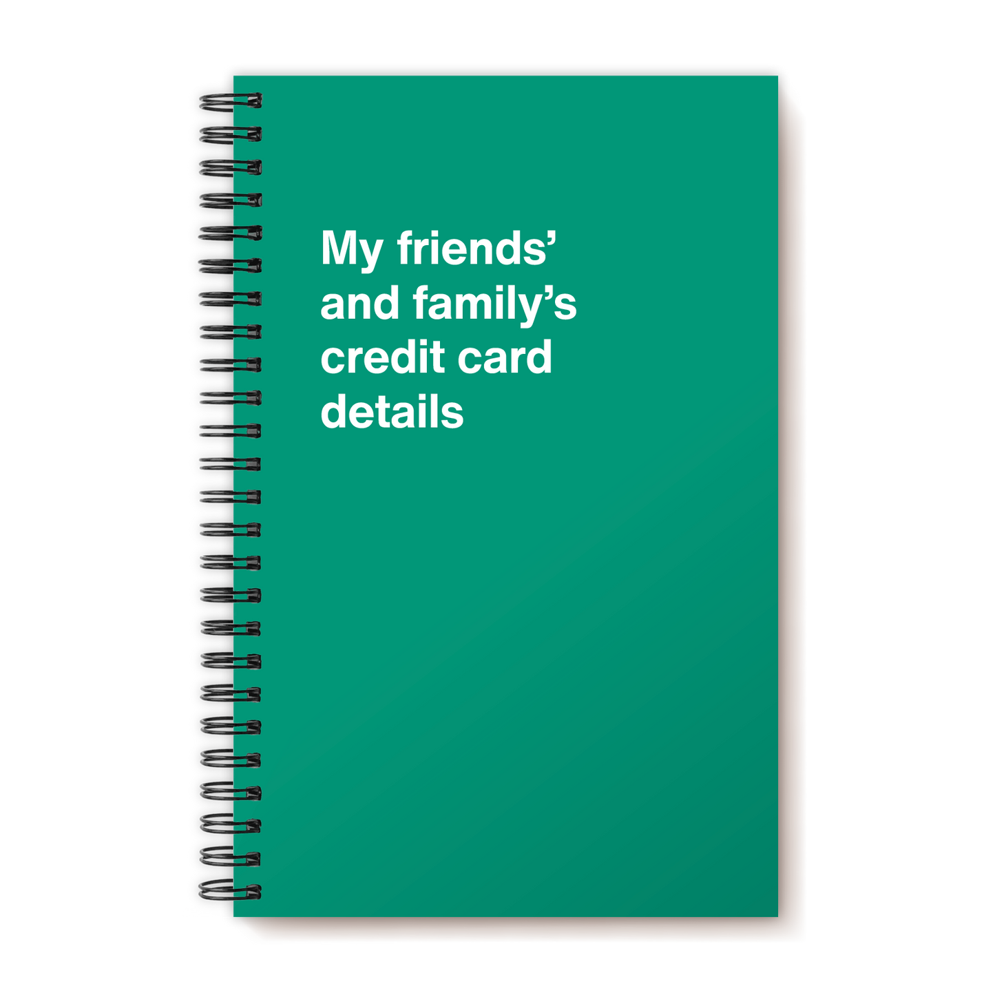 A funny notebook from WTF Notebooks® entitled "My friends’ and family’s credit card details"